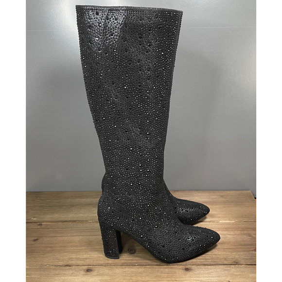 Top Moda Women's Mariha Knee High Boots Size 6.5 Black Rhinestone Zip Bling - Picture 1 of 16